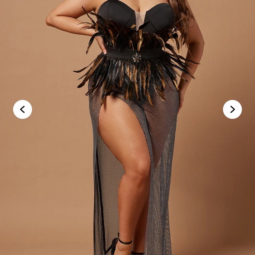 Fashion Nova Black Feathered Maxi Dress with Gold Accents